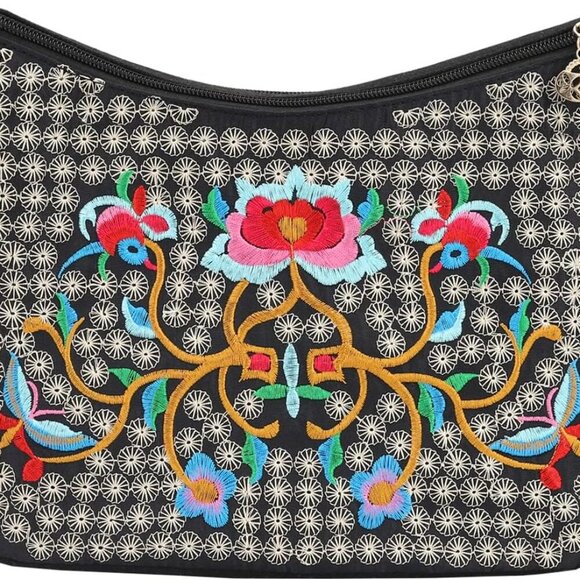 Embroidered Canvas 3 zip Small Crossbody Bag Cell Phone Purse Shoulder Wallet Ha - Picture 2 of 6